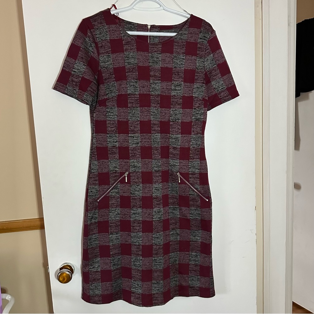 Burgundy and grey checkered fitted high neck dress - Size S